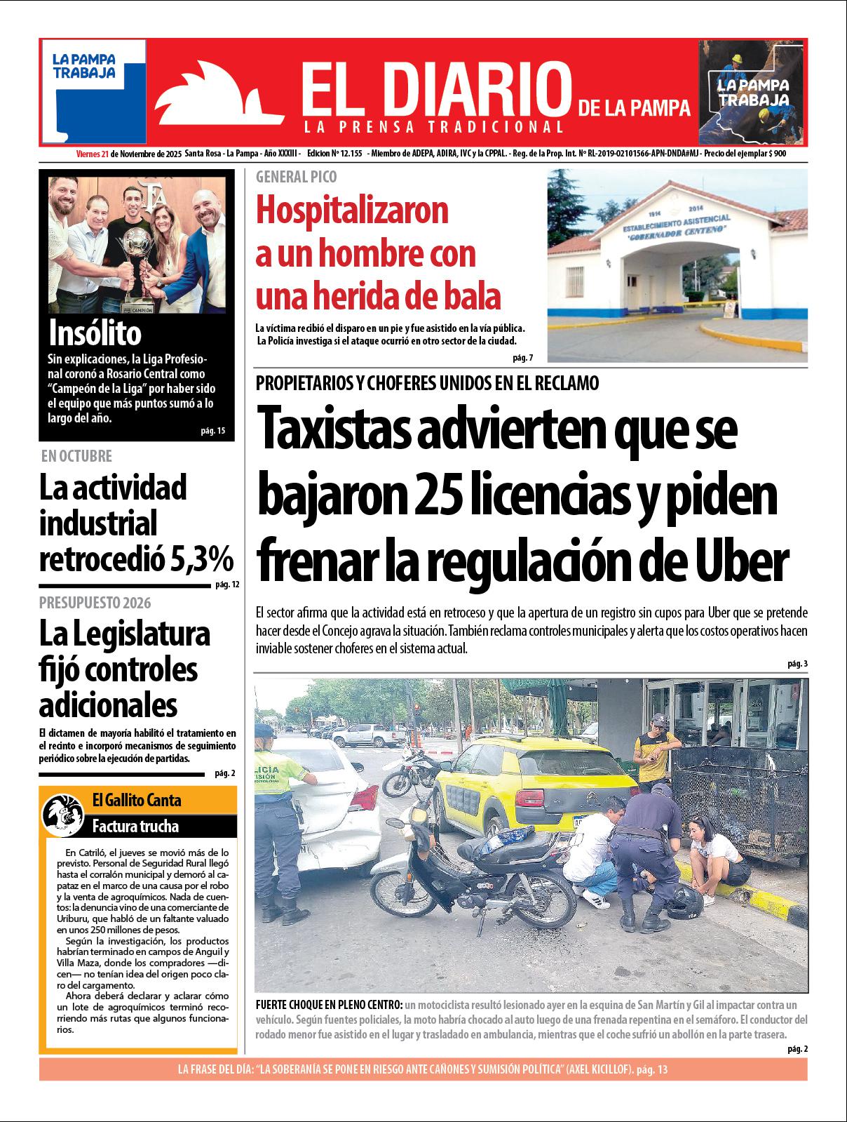 Tapa de El Diario en papel  viernes 21 de noviembre de 2025